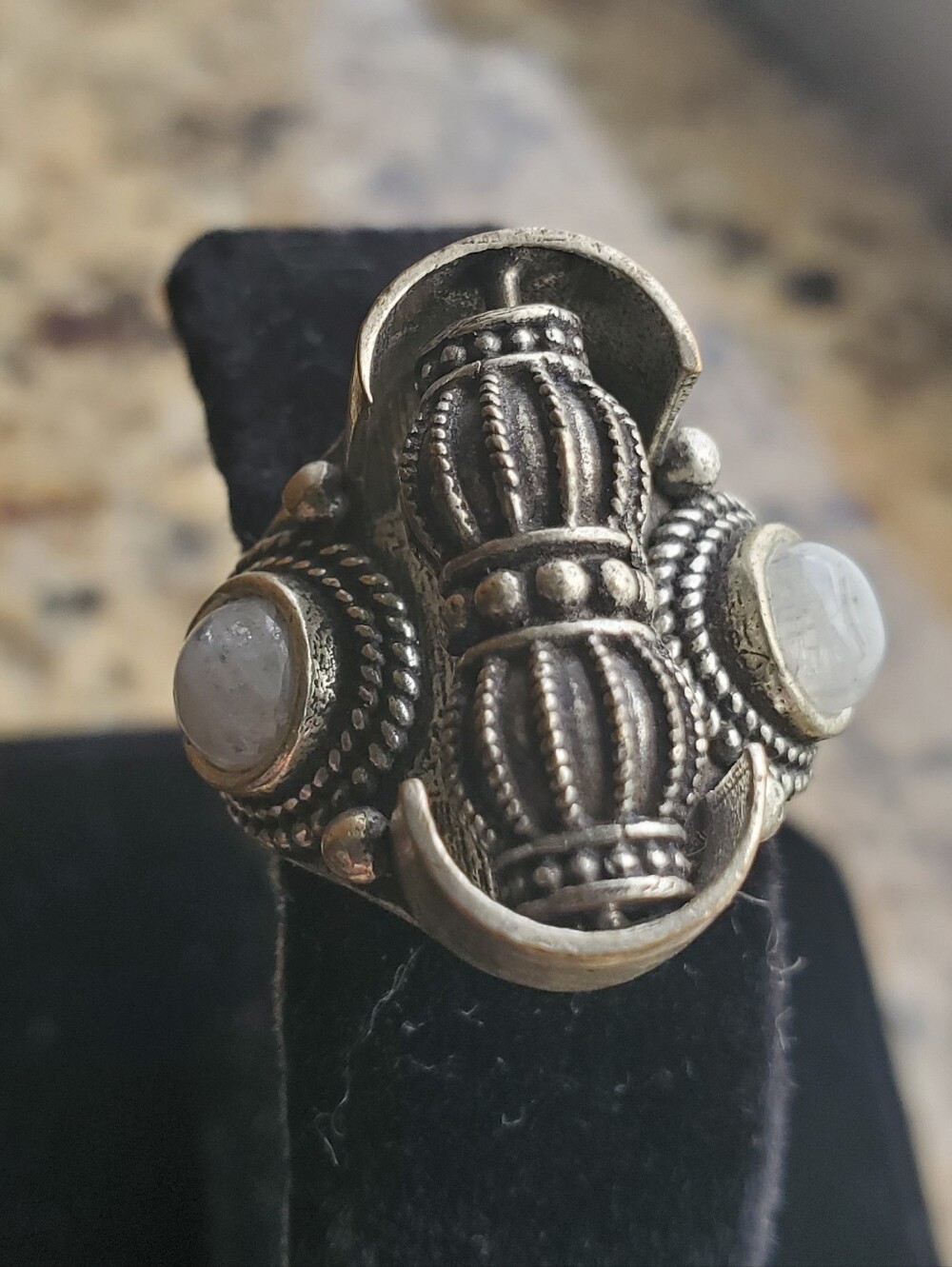 Silver-Tone Tribal Filigree Moonstone Fidget Ring - Women's Jewelry